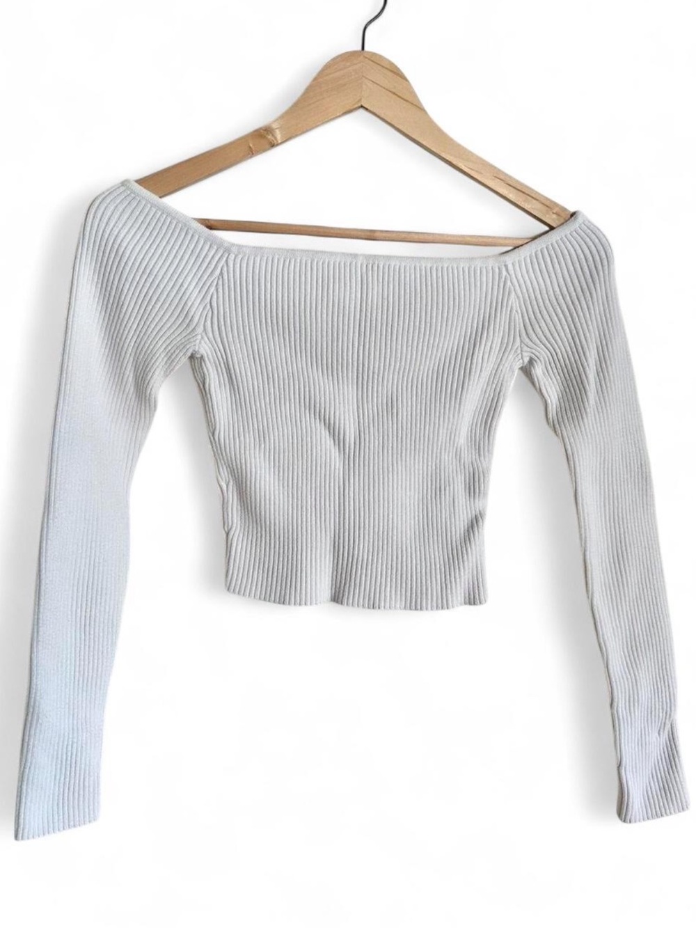 Hollister White Ribbed Off Shoulder Crop Sweater Top Cotton Balletcore S - Picture 2 of 7
